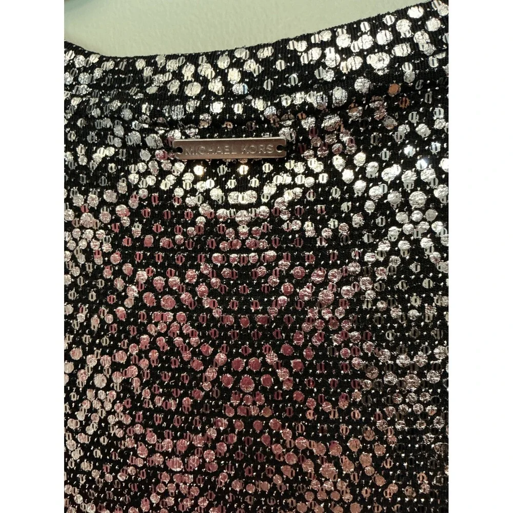 Michael Kors Womens Black Silver Metallic Cold Shoulder Scallop Tunic Top Medium